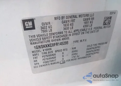 2015 Chevrolet Suburban 1500 Ltz from USA, damaged, VIN 1GNSKKKC8FR145286